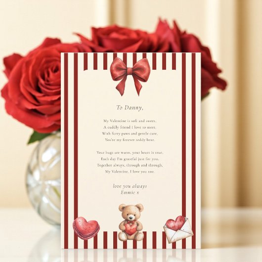 Invitation Sweet Teddy Bear Valentine Love Letter Poem card