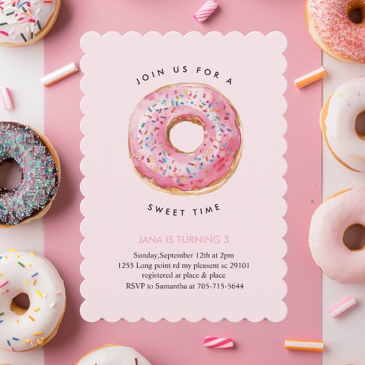 Invitation Sweet Time Pastel Pink Donut Anniversaire