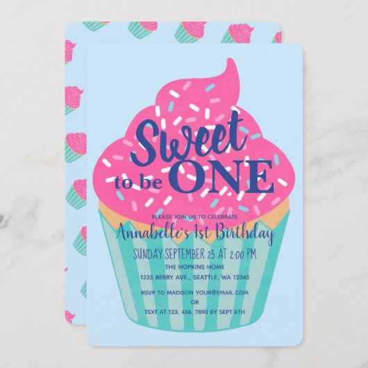 Invitation Sweet to be One Cupcake Kids First Birthday (Devant / Derrière)