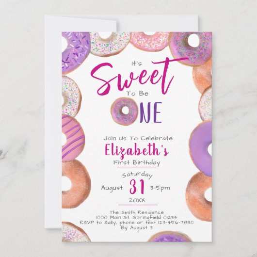 Invitation Sweet To Be One Donut Rose Girl 1er anniversaire (Devant)