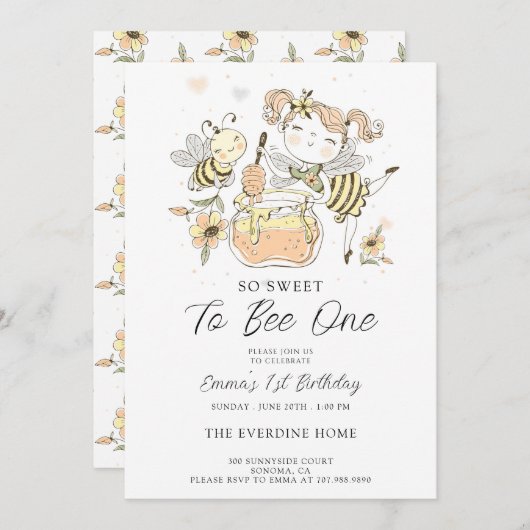 Invitation Sweet To Bee One Honey 1er anniversaire (Devant / Derrière)