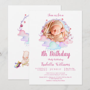 Invitation Sweet Unicorn Aquarelle fille premier anniversaire