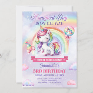 Invitation Sweet Unicorn Aquarelle rose Enfants troisième ann