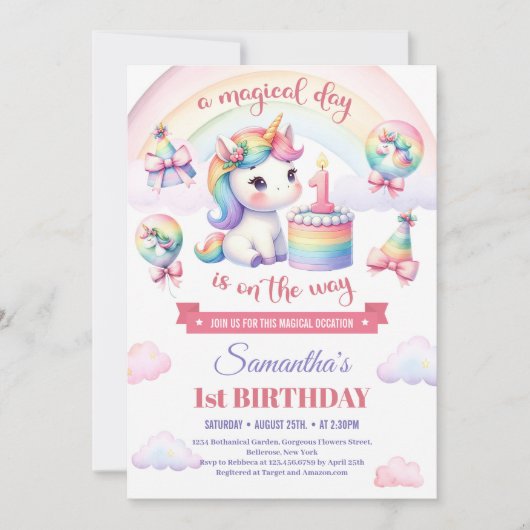 Invitation Sweet Unicorn Aquarelle Rose fille 1er anniversair (Devant)