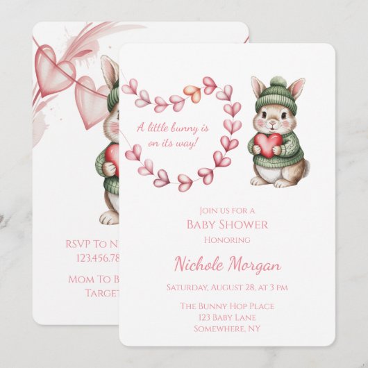 Invitation Sweet Watercolor Bunny Baby Shower (Devant / Derrière)