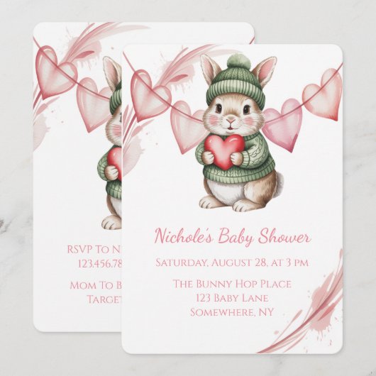 Invitation Sweet Watercolor Bunny Baby Shower  (Devant / Derrière)