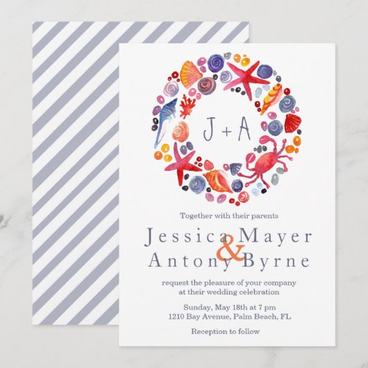 Invitation Sweet Watercolor Nautical Wreath Beach Mariage (Devant / Derrière)