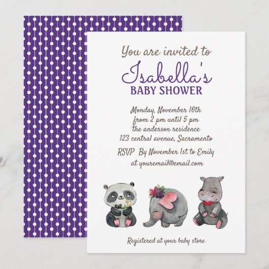 Invitation Sweet Watercolor Safari Animaux Baby shower (Devant / Derrière)