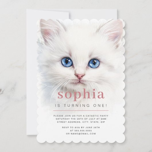 Invitation Sweet White Chat Première fête d'anniversaire Invi (Devant)