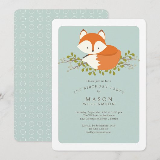 Invitation Sweet Woodland Baby Fox fête d'anniversaire (Devant / Derrière)