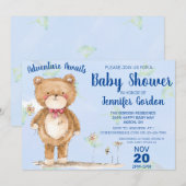 Invitation Sweet Woodland Bear Blue Boy Baby shower (Devant / Derrière)