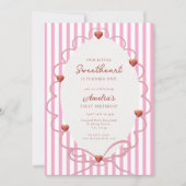 Invitation Sweetheart Pink Stripe First Birthday QR Code (Devant)