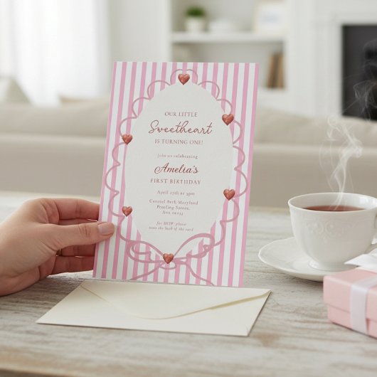 Invitation Sweetheart Pink Stripe First Birthday QR Code