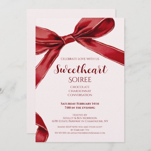Invitation Sweetheart Soiree Elegant Bow Valentines Day Party (Devant / Derrière)