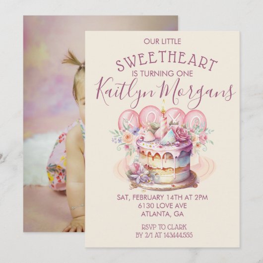 Invitation Sweetheart Valentine’s First Birthday Photo (Devant / Derrière)