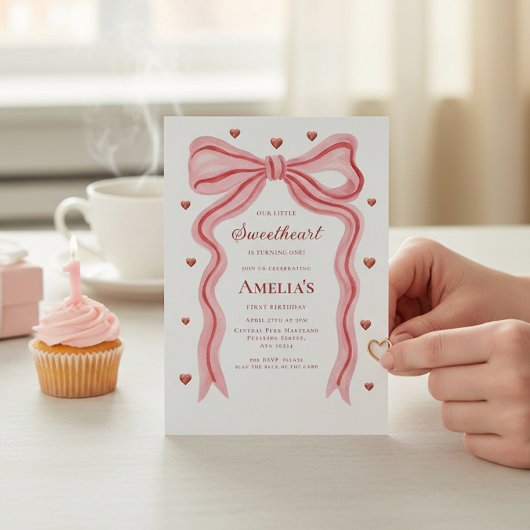 Invitation Sweetheart Watercolor Bow First Birthday QR Code I