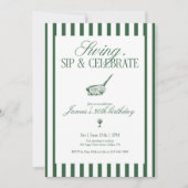 Invitation Swing Sip Celebrate Golf Birthday Green Stripe (Devant)