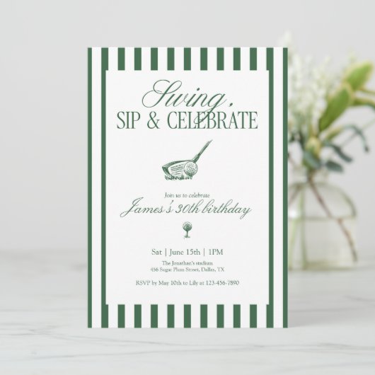 Invitation Swing Sip Celebrate Golf Birthday Green Stripe (Debout devant)