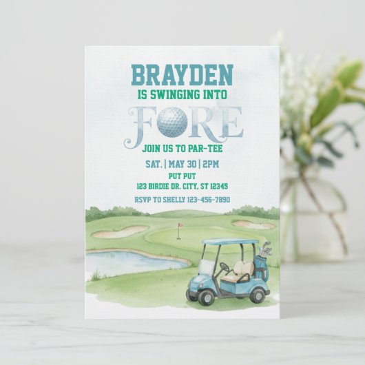 Invitation Swinging Into Fore, Blue Golf 4th Birthday (Debout devant)