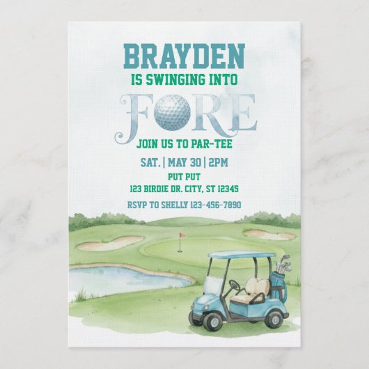 Invitation Swinging Into Fore, Blue Golf 4th Birthday (Devant)