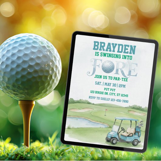 Invitation Swinging Into Fore, Blue Golf 4th Birthday