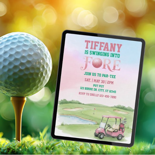 Invitation Swinging Into Fore, Pink Golf 4th Birthday