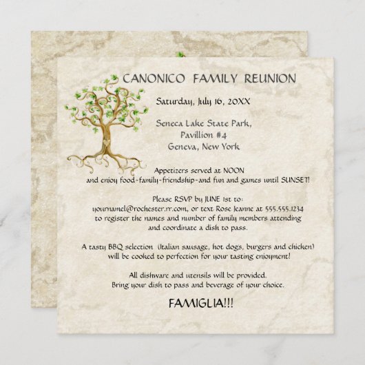 Invitation Swirl Tree Roots Antiqued Family Reunion Custom In (Devant / Derrière)