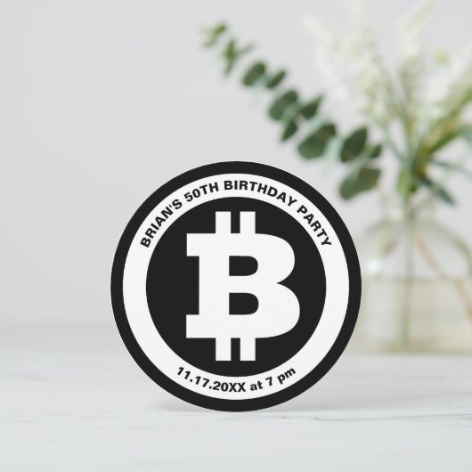 Invitation Symbole Bitcoin noir et blanc personnalisé (Debout devant)