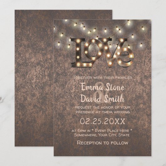 Invitation SYMBOLE D'AMOUR Lights Cuivre Mariage industriel (Devant / Derrière)