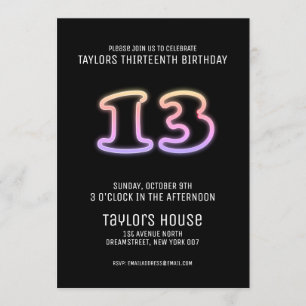 Invitation Symbole de néon coloré 13ème fête d'anniversaire b