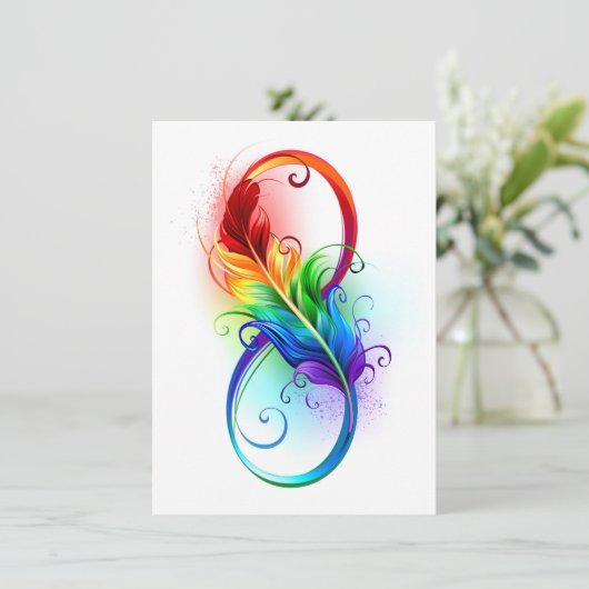 Invitation Symbole d'infini avec plume arc-en-ciel (Debout devant)