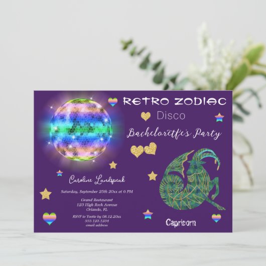 Invitation Symbole Zodiaque Rétro Disco Capricorne Bachelorte (Debout devant)