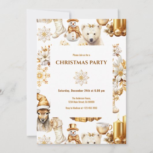 Invitation Symboles de Noël or et blanc (Devant)