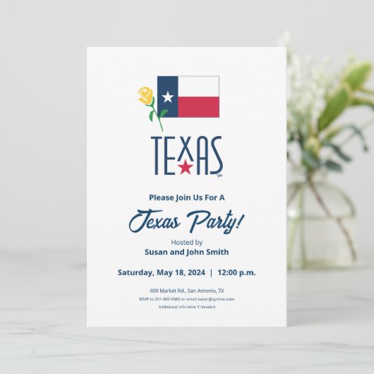 Invitation Symboles du Texas, drapeau du Texas et rose jaune (Debout devant)