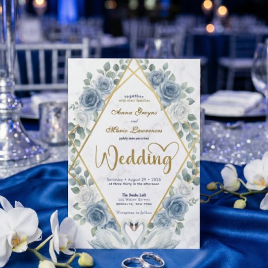 Invitation Symmetrical Swan Heart Romantic Dusty Blue