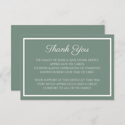 Invitation Sympathy Sage Vert Simple Funérailles Merci (Devant / Derrière)