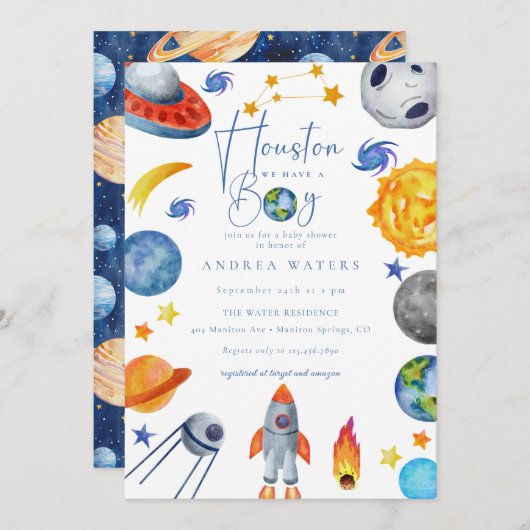 Invitation Système solaire spatial | Baby shower aquarelle (Devant / Derrière)