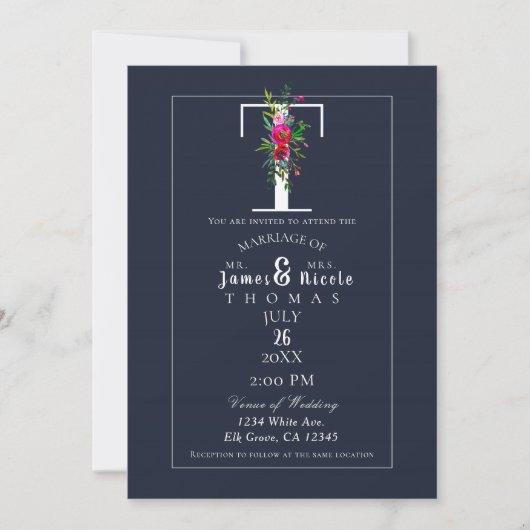 Invitation T Monogramme Dernier initial bleu Floral Mariage (Devant)