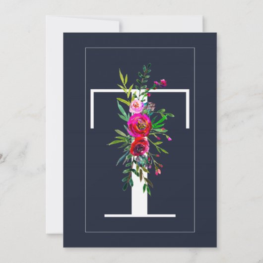 Invitation T Monogramme Dernier initial bleu Floral Mariage (Dos)