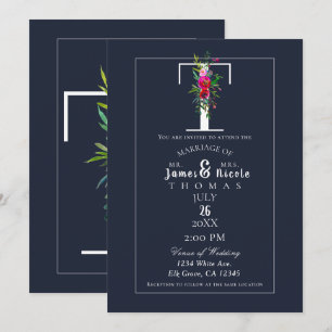 Invitation T Monogramme Dernière Initiale Moderne Fleurs Bleu