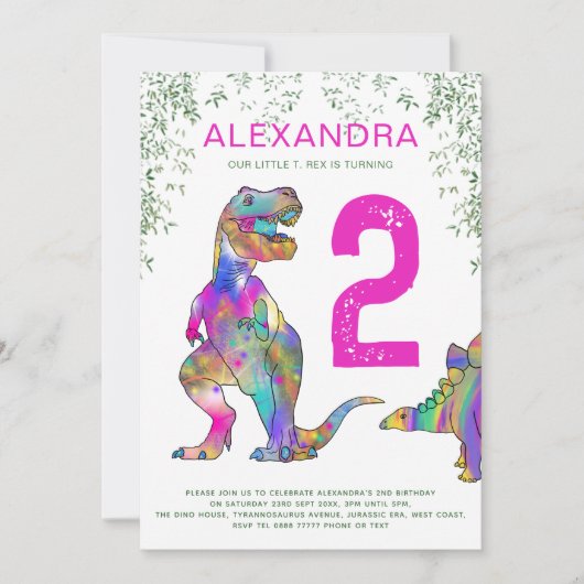 Invitation T. Rex 2e fête d'anniversaire rose (Devant)