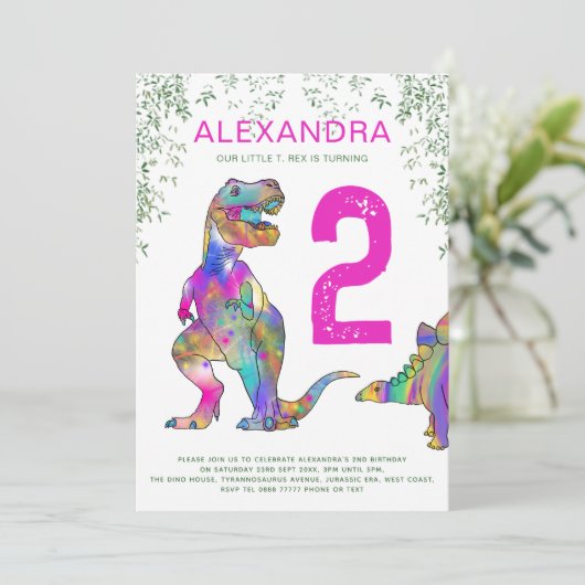 Invitation T. Rex 2e fête d'anniversaire rose (Debout devant)