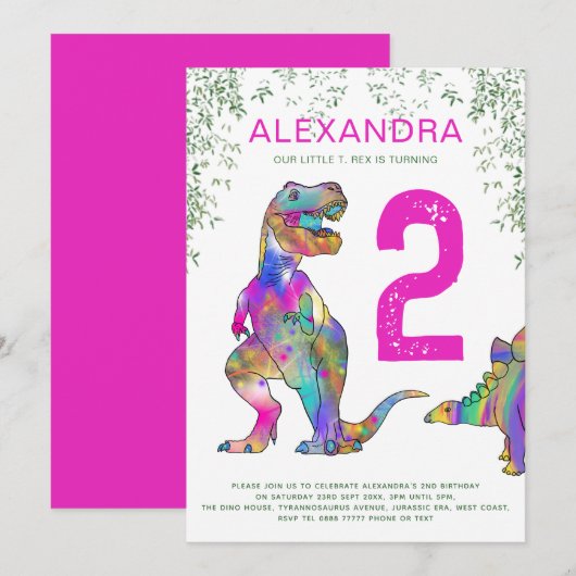 Invitation T. Rex 2e fête d'anniversaire rose (Devant / Derrière)