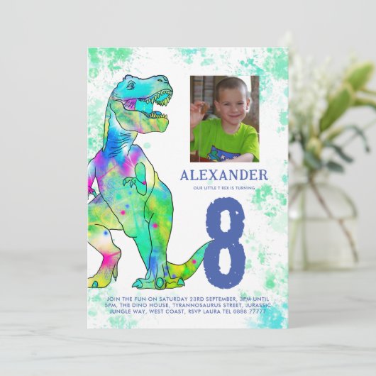 Invitation T-Rex Dino 8e fête d'anniversaire (Debout devant)