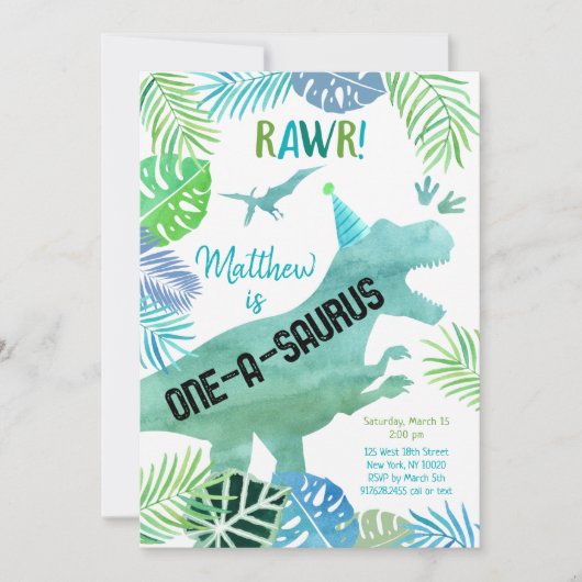 Invitation T Rex Dinosaur 1er anniversaire d'un saurus (Devant)