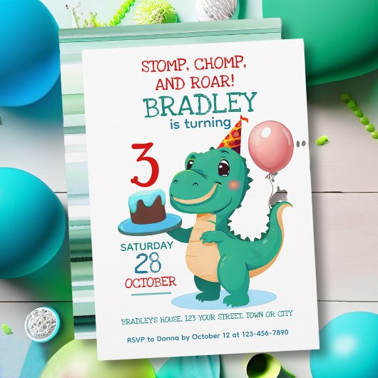 Invitation T Rex Dinosaur 3ème anniversaire de fête Invitatio