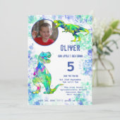 Invitation T. rex Dinosaur 5e anniversaire Photo Vert Bleu (Debout devant)