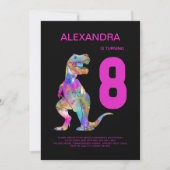 Invitation T-Rex Dinosaur 8e anniversaire fête rose (Devant)