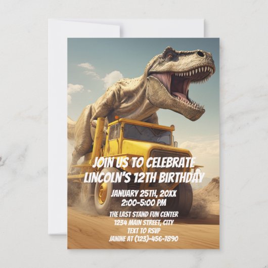 Invitation T-Rex Dinosaur à cheval sur un camion de vidange f (Dos)