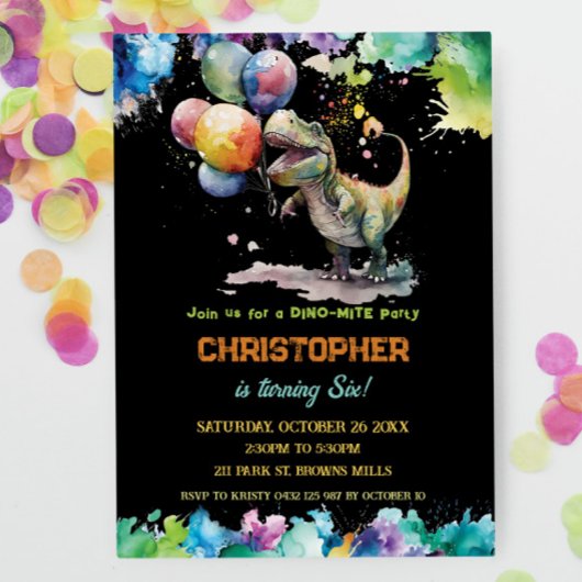 Invitation T-Rex Dinosaur Ballons Peinture Splash Anniversair